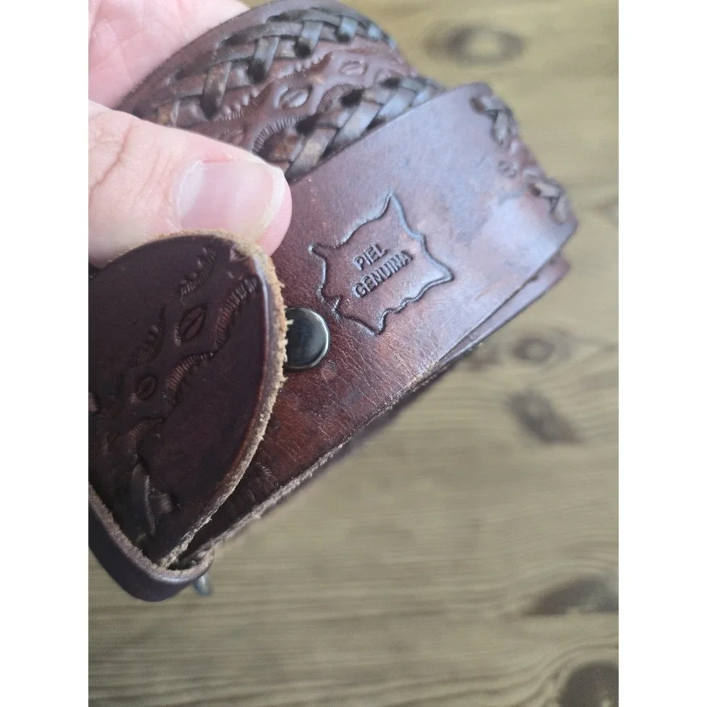 Leather Hand Tooled Woven Brown Belt Hecho en Mexico Mens 40